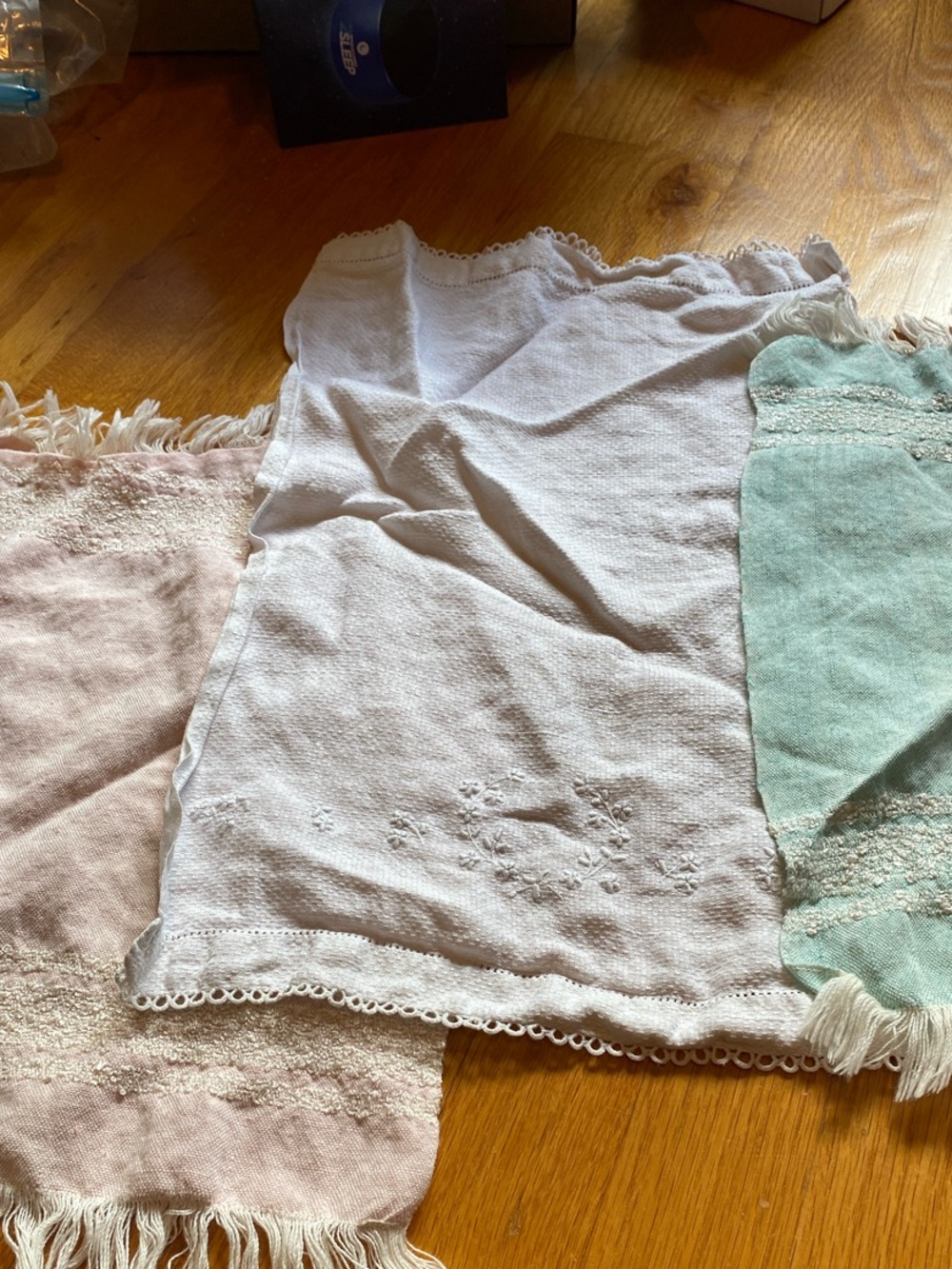 Set of Three Vintage Cotton Hand Towels - Pastel Pink, White, Mint